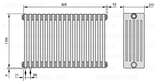Схема (чертеж) Радиатор Zehnder Charleston 6110/18 №3370 Белый глянцевый RAL 9016